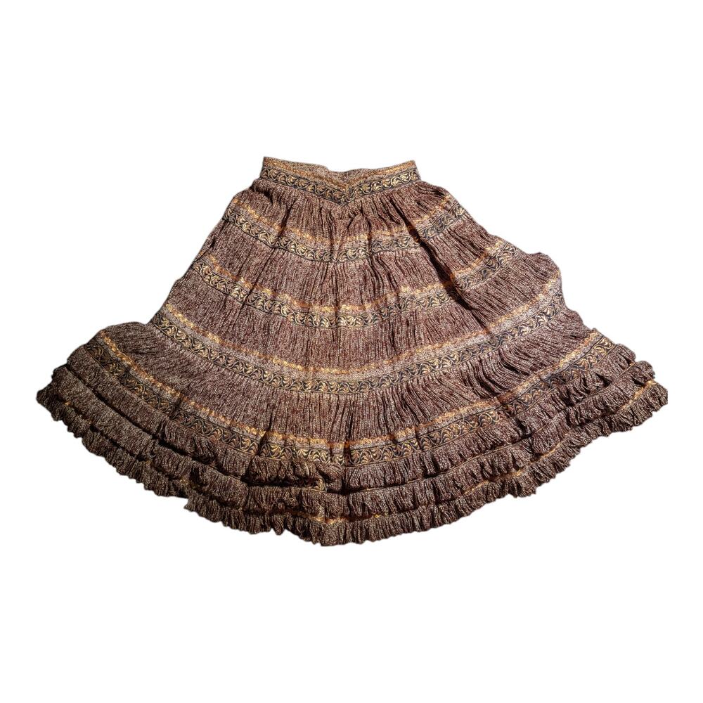 Vtg 1950s Brown Gold Tiered Fringe Mexican Patio Hook Closure Circle Skirt Sz XS - Picture 2 of 4